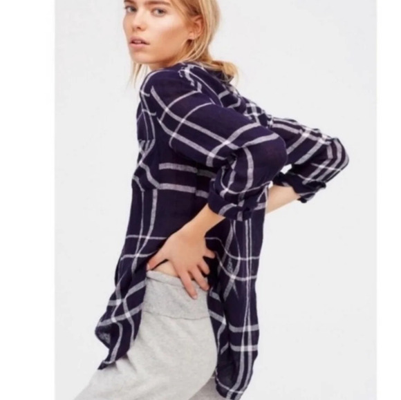 Rails Tops - Rails × Free People Charli Linen Plaid Button Up High Sides Navy Vanilla Small